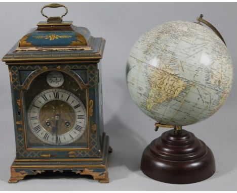 A 20thC Japanned caddy top bracket clock, with fixed metal handle, dome top and domed 12cm wide dial with circular Roman nume