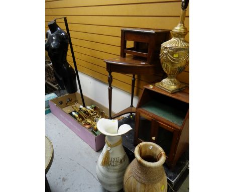 ASSORTED OCCASIONAL FURNITURE &amp; ORNAMENTS including mahogany corner stand, small cabinet, metal tool trunk, ornamental li