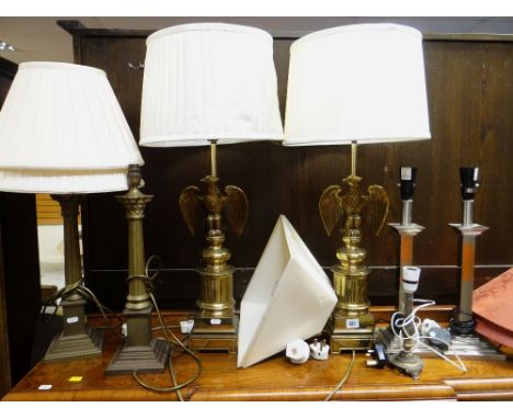 ASSORTED TABLE LIGHTING: including pair of empire-style brass table lamps with eagle columns (6)The silver stepped base lamps