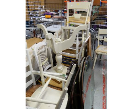 ASSORTED WHITE PAINTED OCCASIONAL FURNITURE comprising ladder back and kitchen chairs, tripod breakfast table ETC.