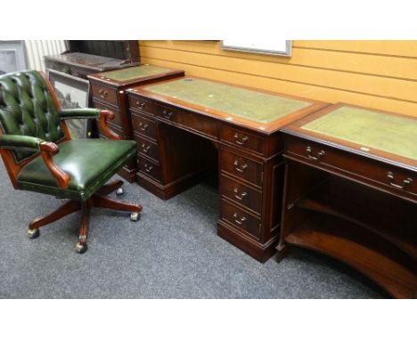 REPRODUCTION MAHOGANY DESK WITH ASSOCIATED OFFICE FURNITURE SIMILAR and a green button upholstered swivel armchair (5)