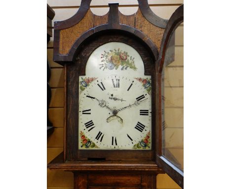 EARLY 19TH CENTURY PROVINCIAL OAK 30-HOUR LONGCASE CLOCK, painted dial, calendar aperture, mahogany detailing to case, 210cms