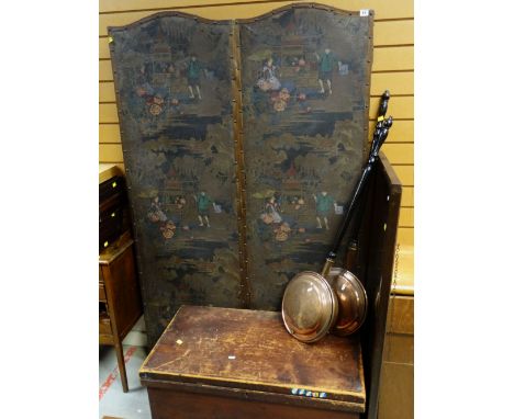 ASSORTED DECORATIVE FURNISHINGS including four leaf Chinoiserie printed screen, two copper warming pans, tool chest and mirro