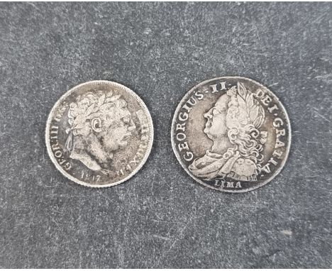 Coins: a George II 1745 Lima silver sixpence; together with a George III 1816 silver sixpence. (2) 