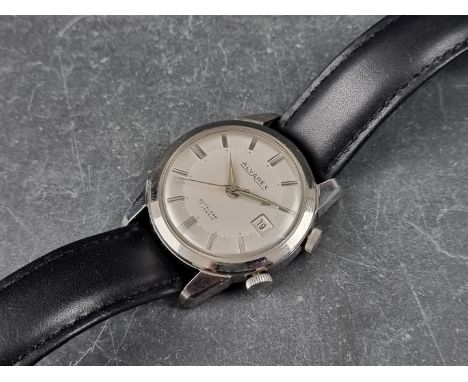 A vintage Swiss Alvarex manual wind stainless steel alarm wristwatch, 35mm, Ref. 30017, on black leather strap. 