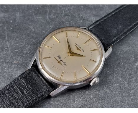 A circa 1957 Longines 'Flagship' stainless steel manual wind wristwatch, 35mm, Ref. 102 2 1546, Cal. 30L, on black leather st