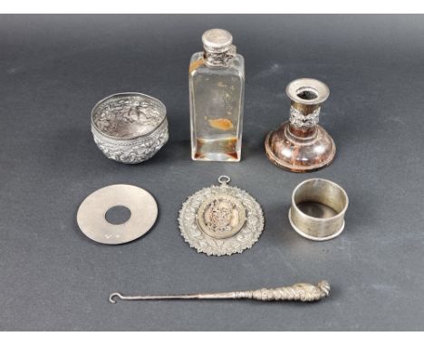 A Victorian silver mounted lignum vitae candlestick, by&nbsp;Rupert Favell, London 1891, 8cm high; together with six other si