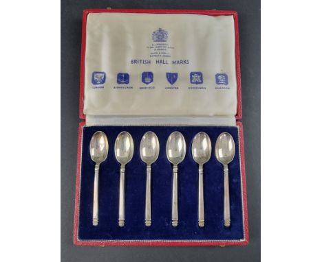 A cased set of six 'British Hall Marks' silver teaspoons, by Mappin &amp; webb, 1958, 74g. 