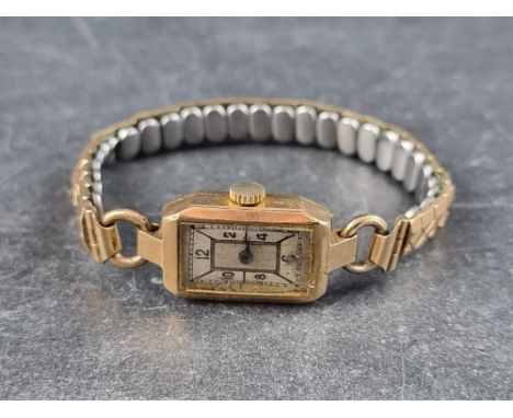 An Art Deco 9ct gold manual wind ladies wristwatch, London 1937, having Swiss manual wind movement, 14mm x 21mm, on later exp