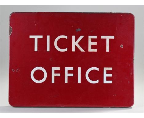 British Railway enamel platform sign, TICKET OFFICE, white with red ground, 62cm x 46cm