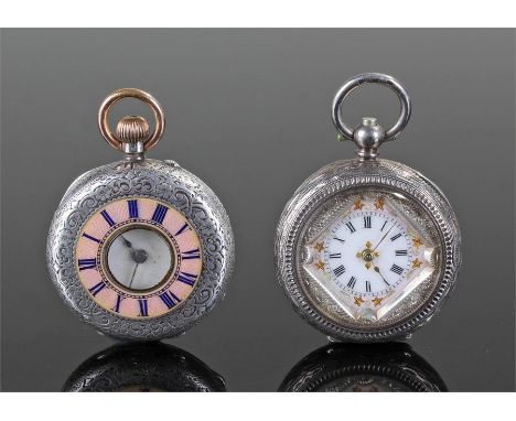 Two silver openface pocket watches, the first with a pink enamel outer chapter ring with blue enamel hours, with an internal 