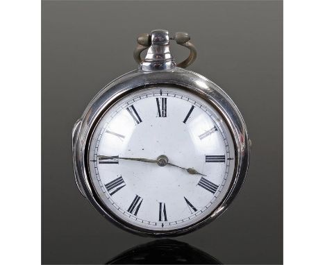 George III silver pair case pocket watch, maker J Reading, London, No 19164. The white enamel dial with Roman hours, case 60m