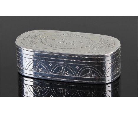 George III silver snuff box, Birmingham 1796, maker Samuel Pemberton. The rectangular case with curved ends, foliate engraved