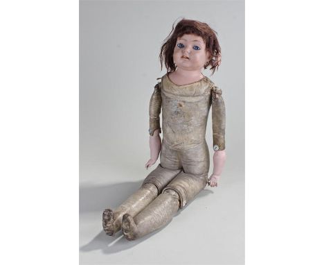 Early 20th Century bisque doll, the bisque head with blue eyes, bisque arms attached to a leather body, 61cm long