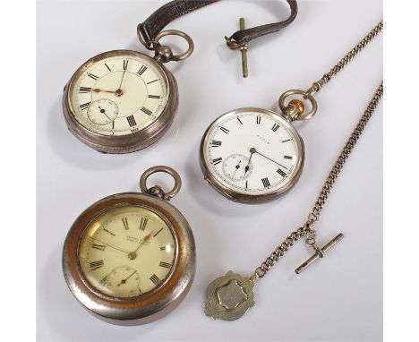 Three silver cased openface pocket watches, the first by Elgin, with a white enamel signed dial, together with a Kendal & Den