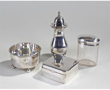 Mixed silver to include a Victorian silver bowl, a silver cigarette case, a glass and silver capped cannister and a silver ca