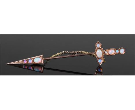 9 carat gold and opal set clock pin in the form of a sword with short scabbard, set with ten opals, 9cm long