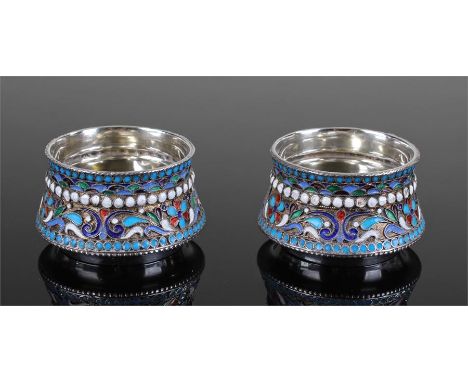 Pair of Russian silver and cloisonné salts, each decorated with white, red and blue enamel decoration with stylised flowers a