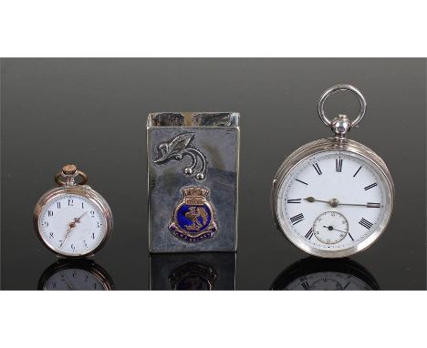 Two silver open face pocket watches. The first with a white enamel dial, Roman hour and subsidiary seconds dial, together wit