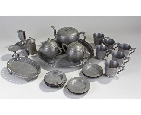 Chinese Kut Hing Swatow pewter tea service. To include a circular tray and a tea pot, milk jug, sugar bowl, together with a H