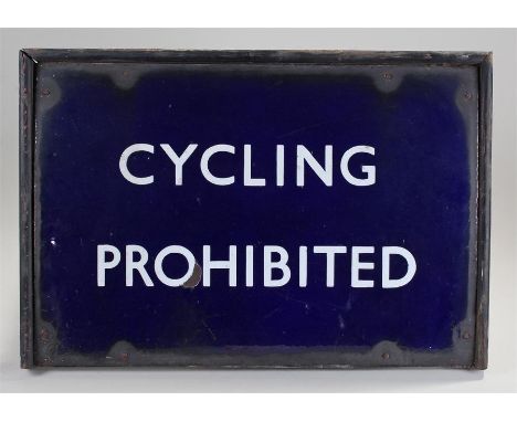 British Railway blue enamel forecourt sign, CYCLING PROHIBITED in white with a blue ground, 56cm x 39cm