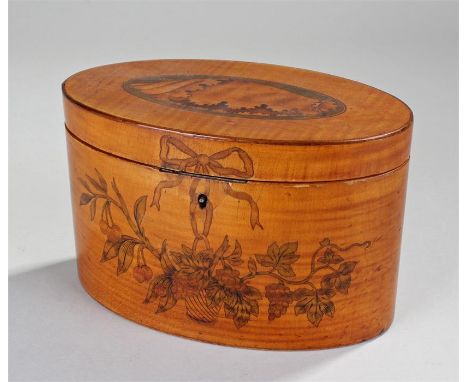 George III harewood and inlaid tea caddy of navette form. The hinged top with central inlaid shell above a basket of flowers 