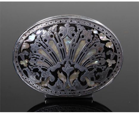 18th Century Dutch mother of pearl, tortoiseshell and silver snuff box, the oval box with swag and line decoration, mother of