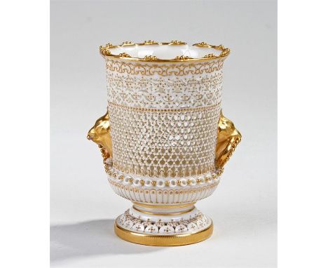 Royal Worcester vase, by George Owen, the pierced lattice work with gilt bird head handles, restoration, numbered 2127, 11.5c