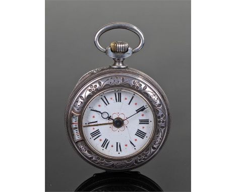 Rare "Locust" white metal alarm pocket watch, the white enamel dial with twist alarm outer ring, Roman hours, the rear of the