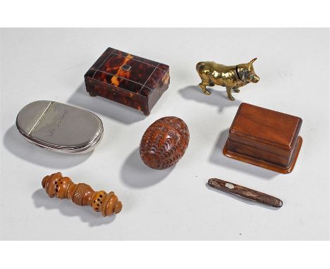 Victorian tortoiseshell box with an arched top inlaid with bands, three compartments raised on bun feet, together with a bull
