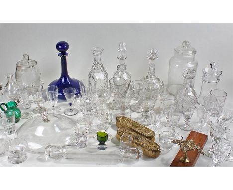 Large collection of 19th Century and later glass, to include  a blue glass decanter, a glass rolling pin, glass lidded jars, 