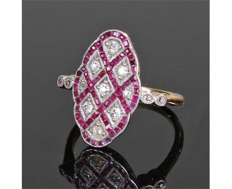 Art Deco 18 carat gold ruby and diamond ring, the diamond and ruby set head with criss cross design on platinum, ring size M