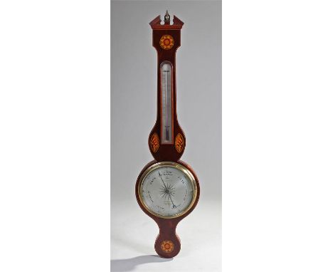 19th Century mahogany and inlaid wheel barometer, P Carnova, Halesworth. Tthe arched pediment above an inlaid flower and silv