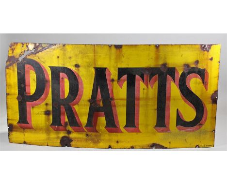 Pratts enamel sign of large proportions, "PRATTS" in black with red high lights, yellow ground, 182cm x 94cm