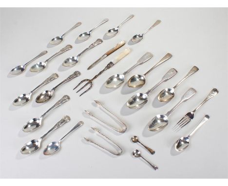 Mixed silver flatware to include a set of six kings pattern spoons, various flatware from George III to modern, two sugar ton