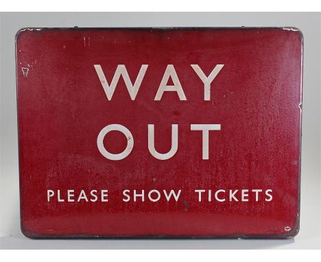 British Railway enamel platform sign, WAY OUT PLEASE SHOW TICKETS, white with red ground, 61cm x 45cm