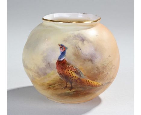 Royal Worcester porcelain vase of spherical form, hand painted with a pheasant in landscape, signed James Stinton G161, 7.5cm