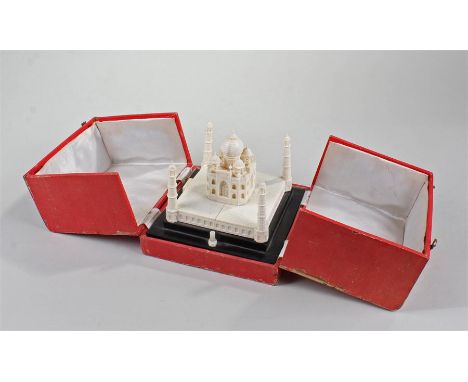 1920's Indian ivory Taj Mahal fitted to a lamp base with button, red case, 17cm wide