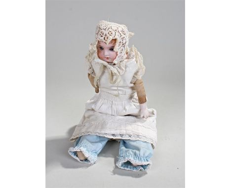 German bisque porcelain doll with blue eyes, missing one hand, 31cm high