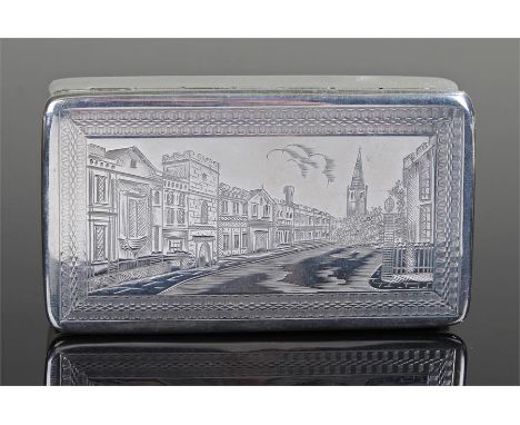 William IV silver snuff box, London, 1835, maker E Edwards, the lid decorated with an engraved scene of University College Ox