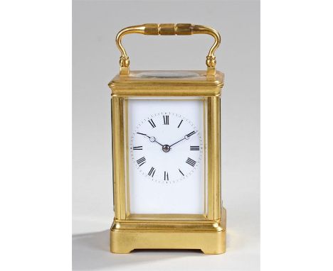 Late 19th Century French gilt brass carriage clock, the five glass corniche case with white enamel dial, Roman black hours, l