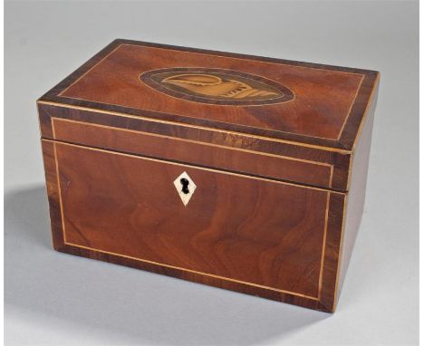 George III mahogany and inlaid tea caddy, the shell inlaid top with boxwood stringing, crossband boarder enclosing lidded com
