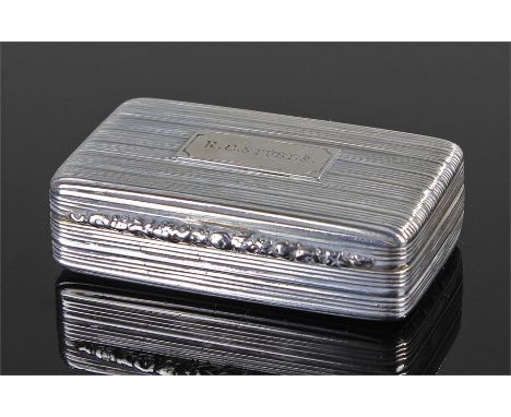 George IV silver snuff box, Birmingham 1832, maker Thomas Shaw. The line decorated top with named cartouche, flower edge and 