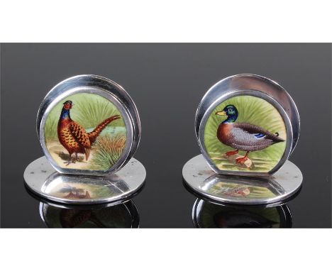 Pair of novelty Edward VII silver and enamel menu holders, Chester 1905, maker Sampson Mordan & Co. One with an enamelled duc