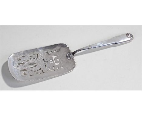 19th Century Danish fish slice. The fiddle patten handle with shell cap, intertwined stylised dolphins with a central arrow t