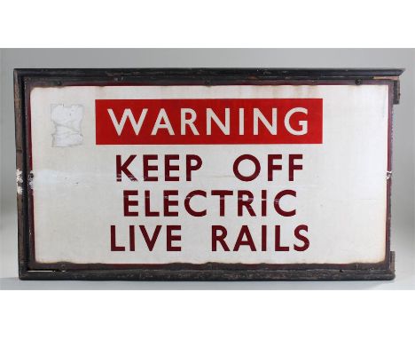 British Railway enamel sign, WARNING KEEP OFF ELECTRIC LIVE RAILS, white ground, 88cm x 46cm