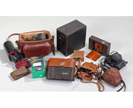 Mixed cameras and equipment to include a plate camera, two Olympus cameras, Tamron 55mm lens, binoculars, Vest Pocket Kodak, 