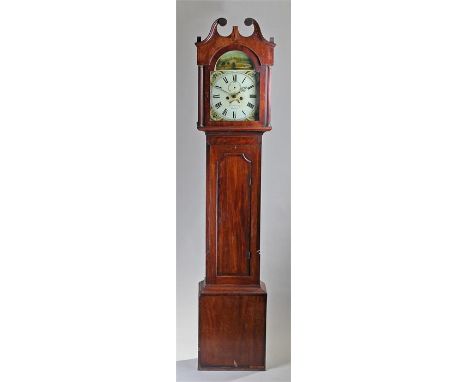 George III mahogany and ebony strung longcase clock, Bothamley, Boston. The swan neck pediment above an arched glazed hood, f