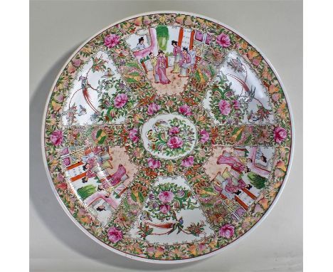 19th Century Chinese canton enamel charger, decorated with figural scenes, flowers and roses, restoration, 48cm wide