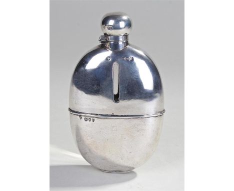 Victorian silver hip flask of large proportions, London 1895. The hinged cap above an oval case and slip off cover revealing 